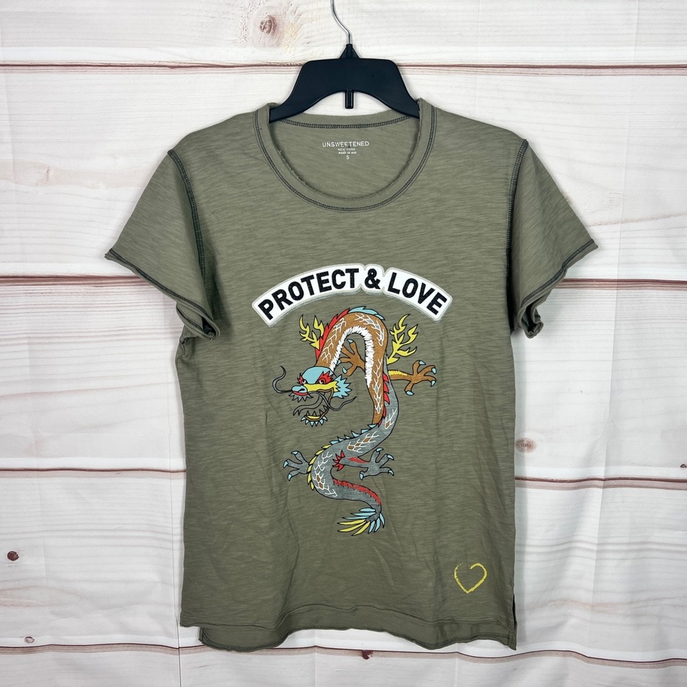 Unsweetened New York Top Women Small Green Protect & Love Dragon Graphic T-Shirt